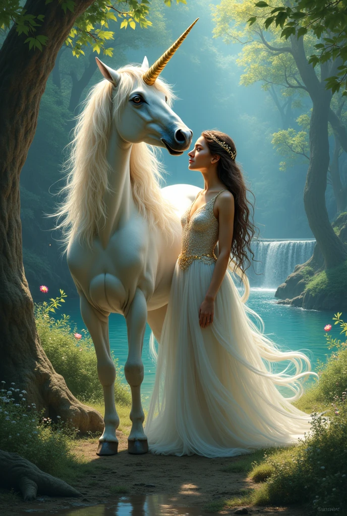 Create me an image to draw, difficult, unicorn next to a woman, picture to paint 
