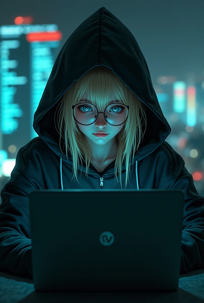 A hacker or programmer girl. Has dark blonde hair, pale skin, doesn't wear glasses. Sits in front of opened laptop. Cyberpunk style. The laptop should be visible. The girl should be introverted and wearing hood on head. The face shouldn't be so visible