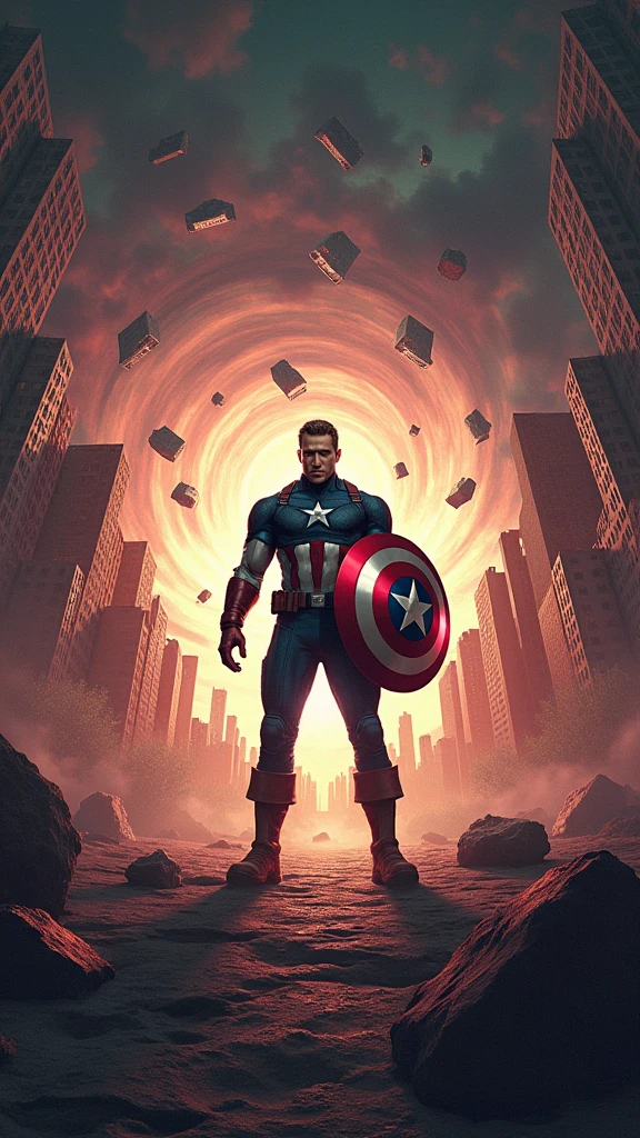 Illustrate Captain America standing in the midst of a collapsing reality, with the environment around him severely distorted and warped. His figure appears slightly twisted, as if being pulled in multiple directions by the forces of the temporal paradox. The shield he holds glows intensely, emitting pulses of energy in a desperate attempt to stabilize the chaos. The surroundings—buildings, trees, and even the ground—are stretched and twisted, curving towards Captain America at the center. The sky is a chaotic swirl of deep reds, purples, and greens, reflecting the unnatural state of the world. The ground beneath him is fractured, with pieces floating slightly off the surface, defying gravity. The composition is centered on Captain America, with the environment spiraling inward, creating a disorienting effect. In the background, faint fragments of past and future timelines are visible, adding layers of complexity. The atmosphere is chaotic and unsettling, with a sense of urgency as Captain America struggles to maintain his balance and composure. His face shows determination, tinged with fear, as he confronts the reality-threatening force. The scene should evoke the visual of a whirlpool, where reality spirals down into an abyss centered on Captain America, with vibrant, unnatural colors contrasting against the darker, twisted environment. The image should balance the surreal distortions with a clear focus on Captain America and his shield, ensuring the central elements remain recognizable amidst the chaos.