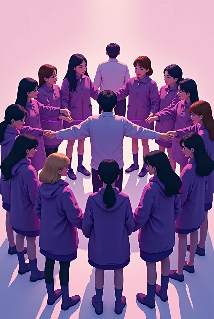 a full of girls with a circle formation, in the middle is a man back, they are in purple jacket holding a purple ribbon wirh the hashtag #futures gonna be ok , #Bts is 7 #we love you yoongi