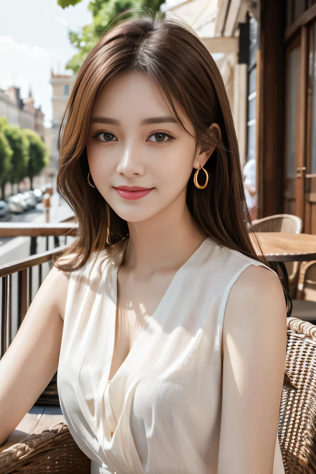 masterpiece, Highest quality, Realistic, Very detailed, Finer details, High resolution, 8k wallpaper, One beautiful woman,Wear a nice blouse, On the terrace of a lovely cafe, at noon, Light brown messy hair, Perfect dynamic composition, Beautiful and beautiful eyes、Big earrings、Sleeveless shirt、smile、