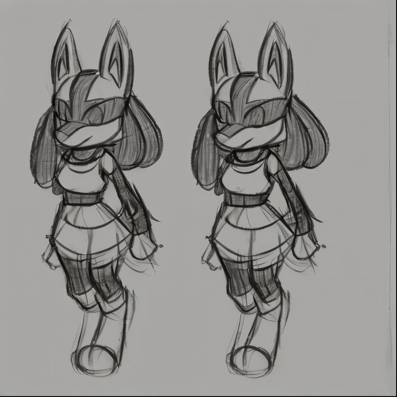Female, Mobian, Lucario, ((Sketch)), Sketch base, base, blank background, full body, reference, walking, fuzzy muzzle, hair bangs,