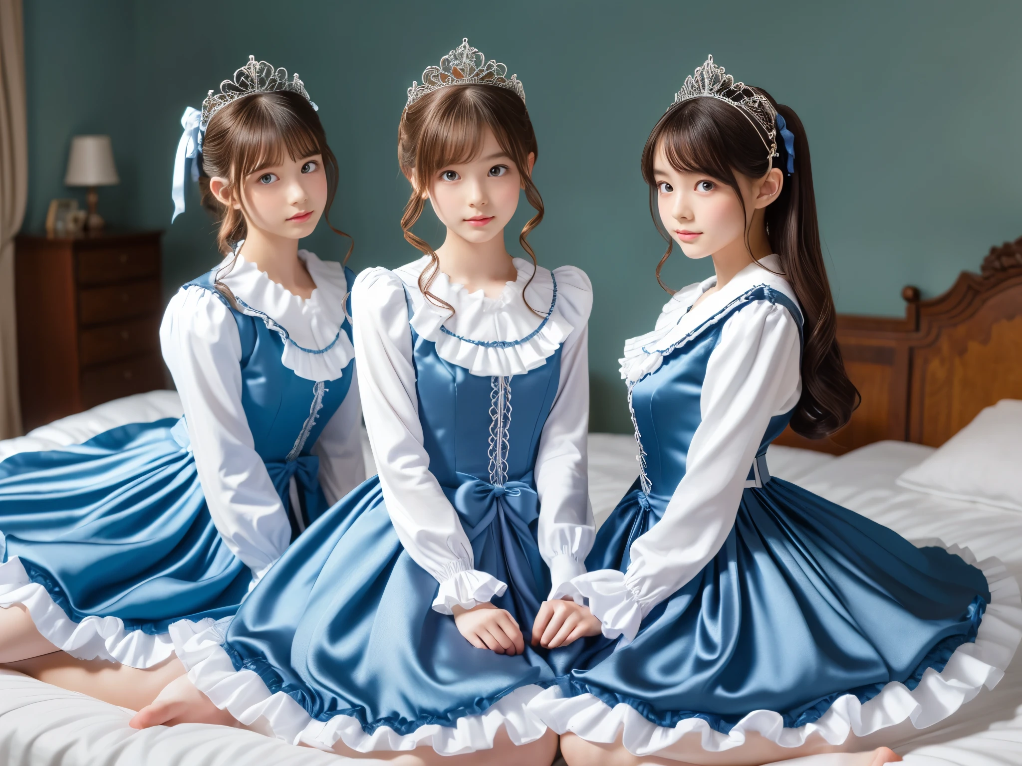 ,highest quality, masterpiece, highest resolution, artwork, super それにget used to it, many get used to it, get used to it, それにget used to it, 3k realistic pictures,,(( girls)),Ultra-detailed juvenile face,three are princesses,full length ball gown dress with hoop skirt,ruffled yoke collar,puff sleeves,long sleeve,((Lolita style hot detailed princess blue satin dress with lots of ruffles and ribbons)),Rococo style lolita fashion,shiny satin dress,Soft and smooth fabric,luxury,long blonde hair,blue eyes,white skin european,Pajama,((in the bedroom)),luxury princess canopy frilled bed,super detailed bed,they are lying on the bed,High-quality background,
