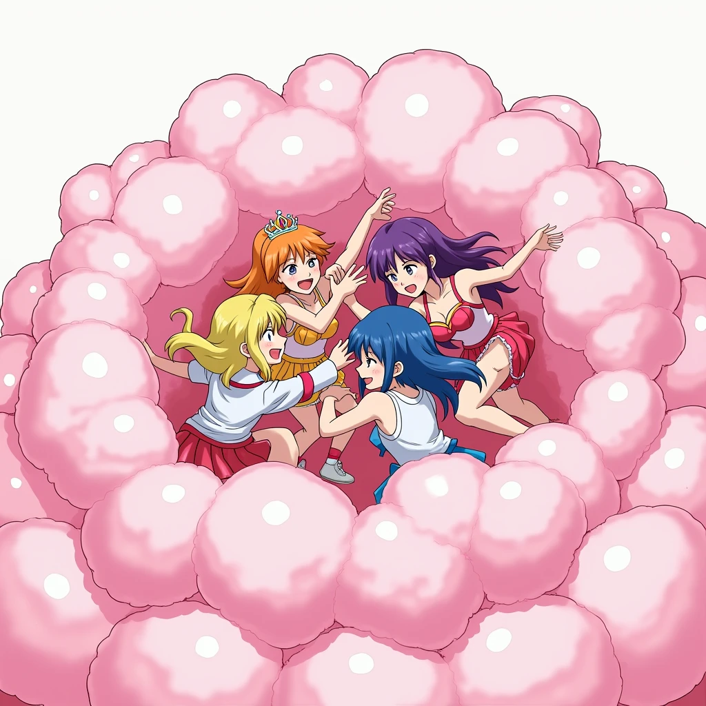An anime-style illustration depicting many princesses playfully wrestling wit? each other inside a pink comical fight cloud (dust cloud).
each princess has different  colored hair.
their faces,hands,and feet are visible emerging from the cloud as they tussle humorously,  with the rest of their bodies completely hidden inside the cloud.
the illustration emphasizes the humorous and energetic nature of their scuffle,with a fluffy  and exaggerated fight cloud.