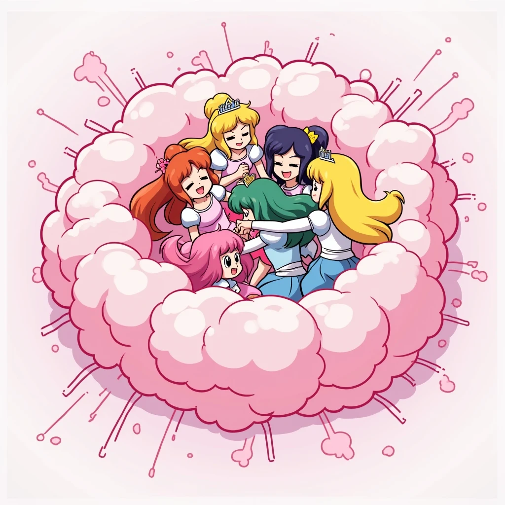 An anime-style illustration depicting many princesses playfully wrestling with each other inside a pink comical fight cloud (dust cloud).
each princess has different  colored hair.
their faces,hands,and feet are visible emerging from the cloud as they tussle humorously,  with the rest of their bodies completely hidden inside the cloud.
the illustration emphasizes the humorous and energetic nature of their scuffle,with a fluffy  and exaggerated fight cloud.