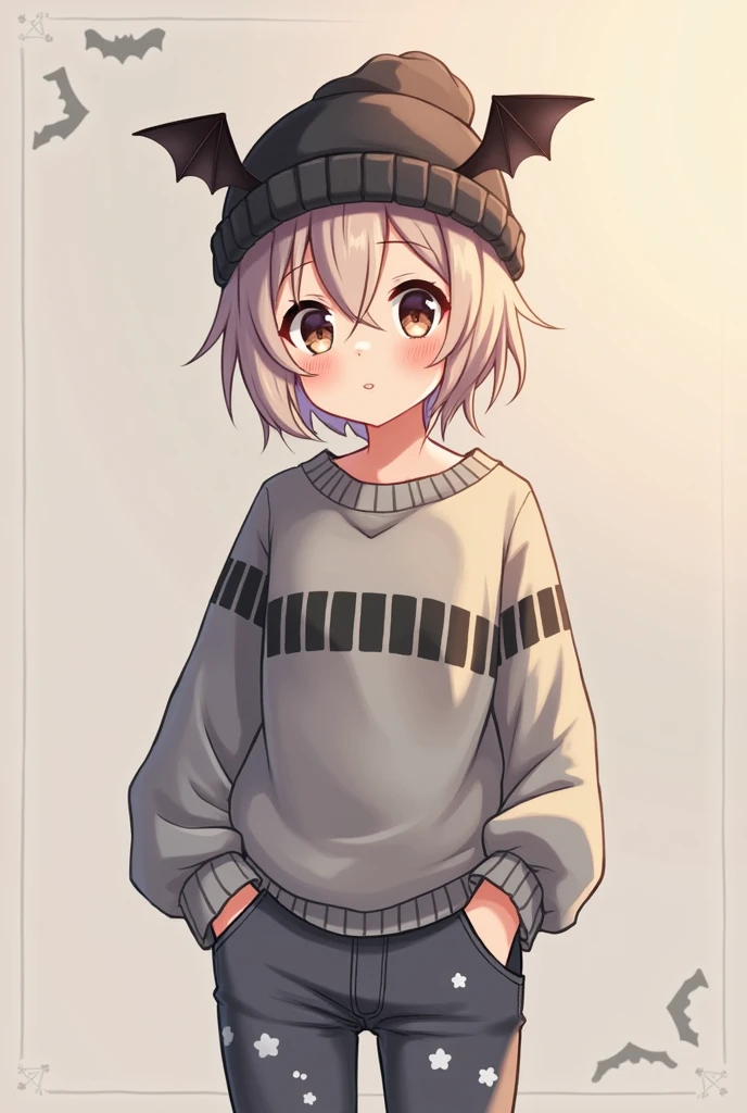 anime girl, wearing a gray sweater with black stripes, is tuna, wool hat with mini bat wings, grey jeans with star pattern