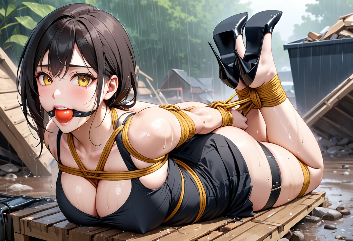 Close-up shot of a sexy woman, Gorgeous with captivating eyes and perfect makeup, radiant childhood friend, accentuated by a black tank top and a black pleated mini skirt, Show off your sexy figure with big thighs and wide hips, provocative. tie (Shibari, tay bị tie sau lưng: 1,5), (Shibari: 1,21), Bị tie, chân bị tie, gag with drool ball((( red ballgag)))Wear glasse,on the dump, heavy rain, wet person , yellow rope