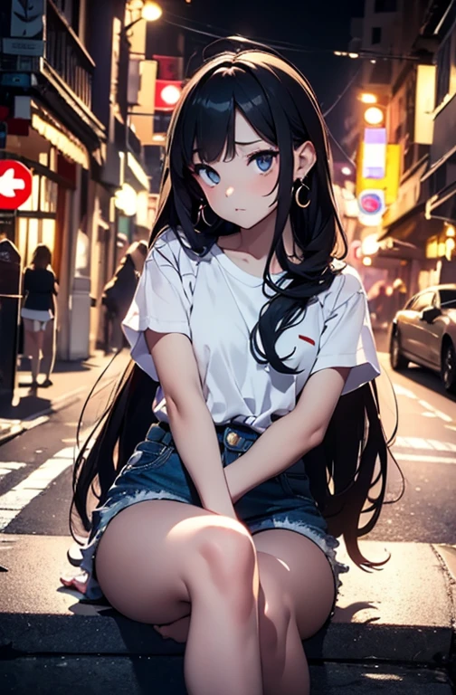 Top quality, masterpiece, ultra high definition, (Real: 1.4), Original photo, (Evening Street), 1 girl, black eyes, looking at the audience, long hair, light makeup, lips, small ears, white t-shirt, denim shorts, earrings, sitting Ferrari,, slim, neat, park