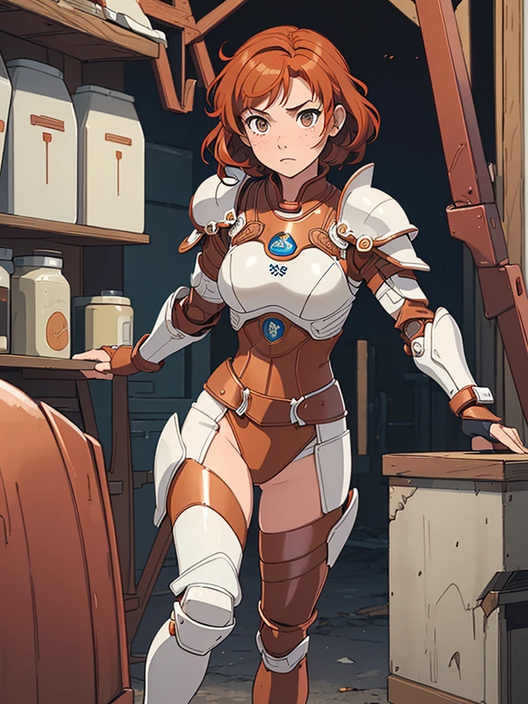 (masterpiece), (best quality), ((one girl)),(( red copper hair)),(brown eyes),short hair, curly hair, anime style, freckles, (small breast), (petite figure), legs,((white armor)),(blue armor) (full body armor),(full leg armor),(almond eyes) ,( tan skin) 