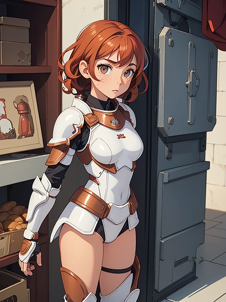 (masterpiece), (best quality), ((one girl)),(( red copper hair)),(brown eyes),short hair, curly hair, anime style, freckles, (small breast), (petite figure), legs,((white armor)),(blue armor) (full body armor),(full leg armor),(almond eyes) ,( tan skin)
