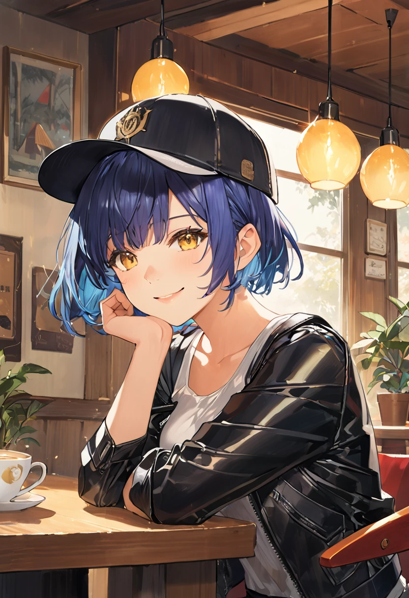 masterpiece, best quality, absurdres, score_9, score_8_up, score_7_up, source_anime, 1girl, yellow eyes, room, medium hair, pixie bob haircut, navy blue hair, happy face, portrait, starshadowmagician, solo, Adult woman, best perfect anatomy, Pose with hands tucked behind ears, Cheek resting on hand, cafe, indoors, window, crowd, sitting, steam, looking at viewer, black baseball cap, Black Front-Open leather Jacket with white tank top, black trousers, upper body, smile, Shooting up close, Shooting from the side, hanging light, ceiling light, potted plant,