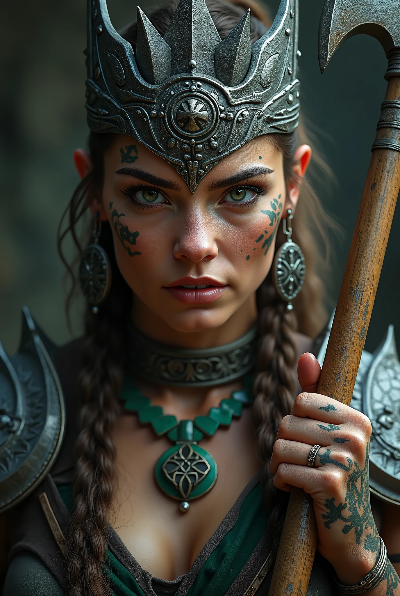 Close up viking warrior with axe in hand, Woman, axe next to the face, large head ornament , green neck necklace, tattoo in face