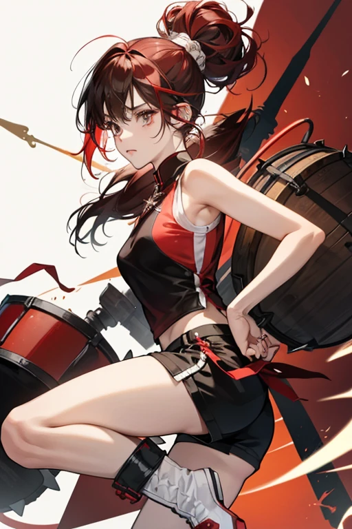 Xinyan's black and red hair is pulled back into two buns with spiked bands.

Xinyan wears a black-brown tank top fastened by knots and white shorts, with a red and white vest with flared red, black, and white sleeves. She has a black and red ribbon tied around her right leg, and a netted calf accessory on her left. Her footwear consists of a pair of open-toe boots which have spikes at the top and have multiple slits along the side. She also carries a drum on her back. SPARKLE; GLITTER
