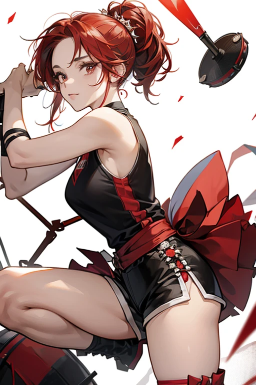 Xinyan's black and red hair is pulled back into two buns with spiked bands.
Xinyan wears a black-brown tank top fastened by knots and white shorts, with a red and white vest with flared red, black, and white sleeves. She has a black and red ribbon tied around her right leg, and a netted calf accessory on her left. Her footwear consists of a pair of open-toe boots which have spikes at the top and have multiple slits along the side. She also carries a drum on her back. SPARKLE; GLITTER