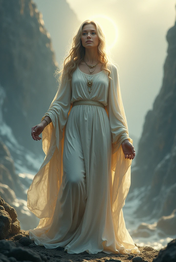 Create a high definition image of Our Lady in a posture of strength and resilience. She must be in a challenging scene, like a mountainous or stormy environment, but with a serene and resolute expression. Show it with a firm and determined posture, with an aura of soft light around her, highlighting your inner strength and ability to face adversity calmly."