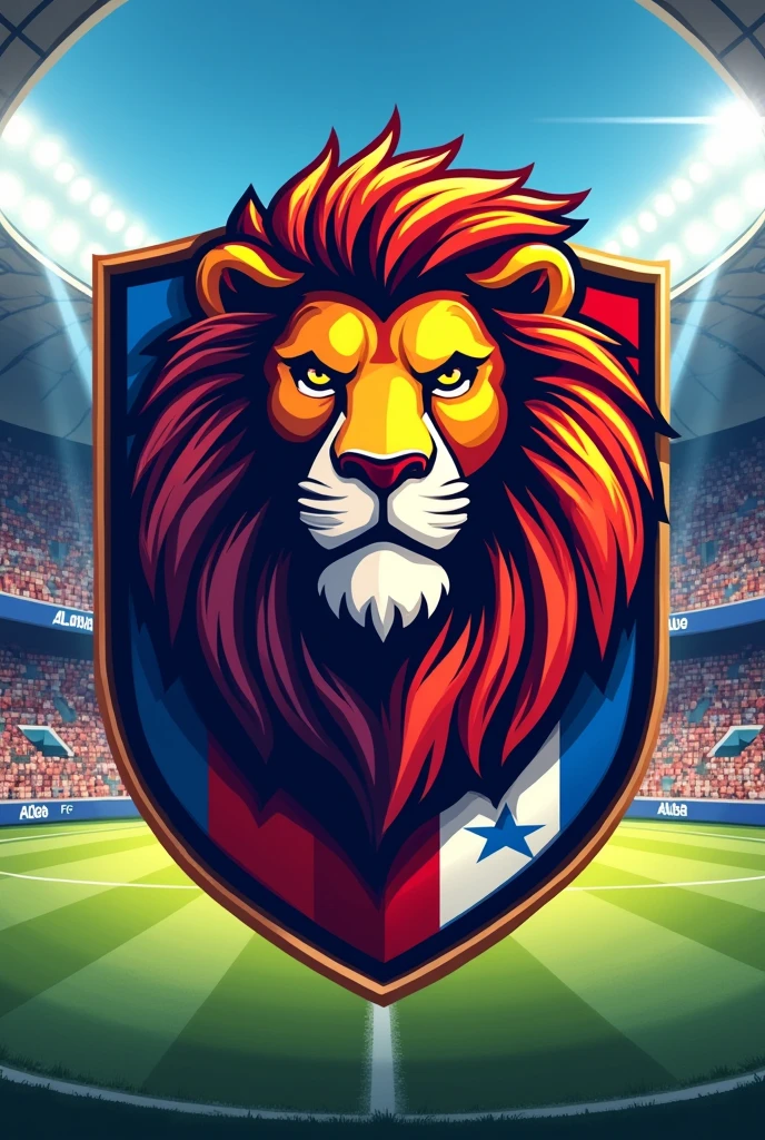 Soccer team shield that says Panameños-FC that has a lion with bright colors and a soccer stadium in the background.