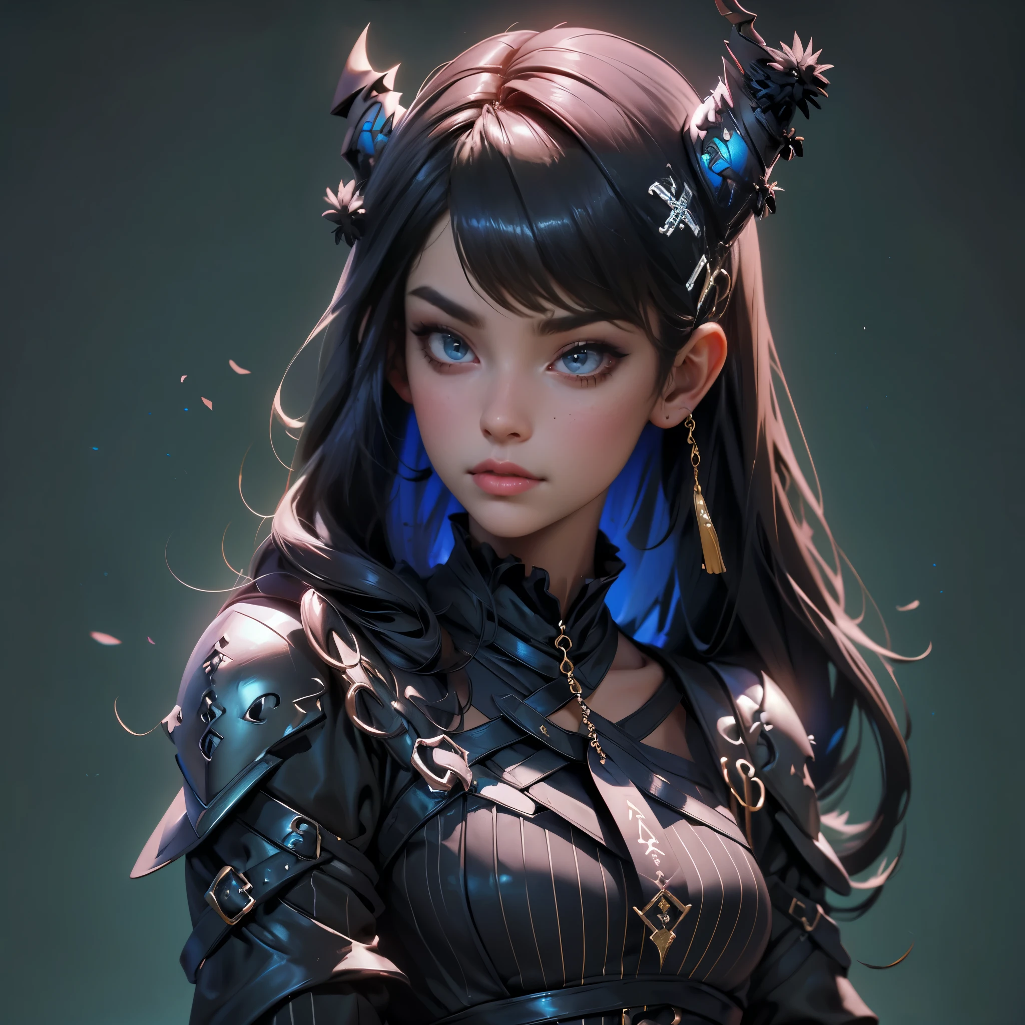 envision a 8k, highres, cinematic, close up beautiful portrait of a Tall curvy woman named Nerissa Novella with long black hair, devil horns, blue eyes, wearing a black sleek dress with magic attachments and armor plates wielding a tuning fork spear against a dark background