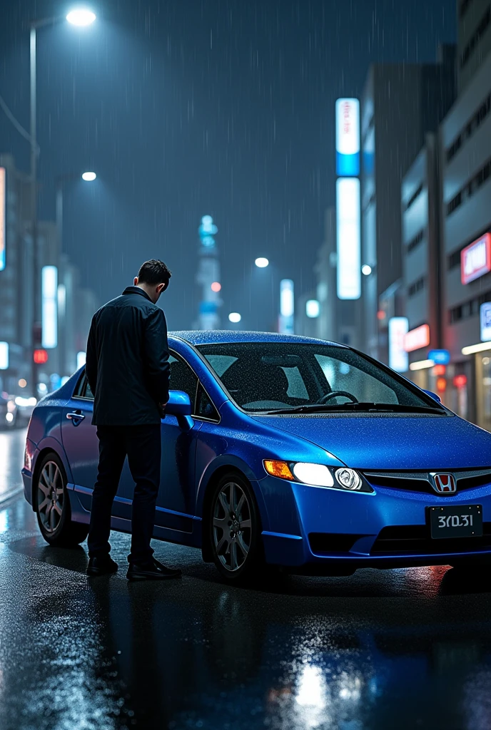A blue 2008 Civic S on a rainy night in Tokyo with a man next to the car