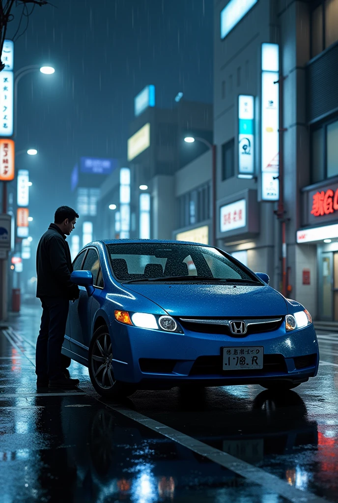 A blue 2008 Civic S on a rainy night in Tokyo with a man next to the car