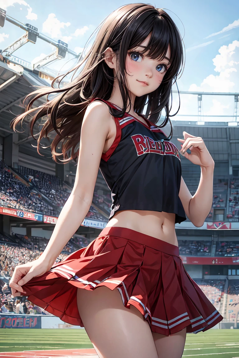 (Highly detailed eyes), (Ultra-detailed顔),high quality, Best image quality, masterpiece, Teenage Girl, 1, Very cute and beautiful cheerleaders are dancing, Dynamic pose, Soft wavy hair, Black Hair, (smile:1.2), Mid-chest, (Red top with logo:1.3), (Lower body naked),  Underarm, belly button, Thighs, Exposing shoulders, Bare arms, Natural light, Hair blowing in the wind, Beautifully detailed skies, Stadium, ((最high quality)), Ultra-high resolution, Ultra-detailed, Detailed depiction, ((Best Anime)),