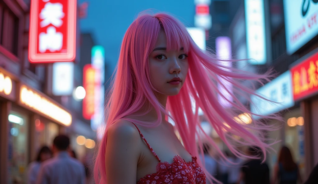 Tokyo, Kabukicho, long hair fluttering in the wind, pink hair, high definition, dress