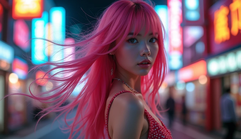 Tokyo, Kabukicho, long hair fluttering in the wind, pink hair, high definition, dress