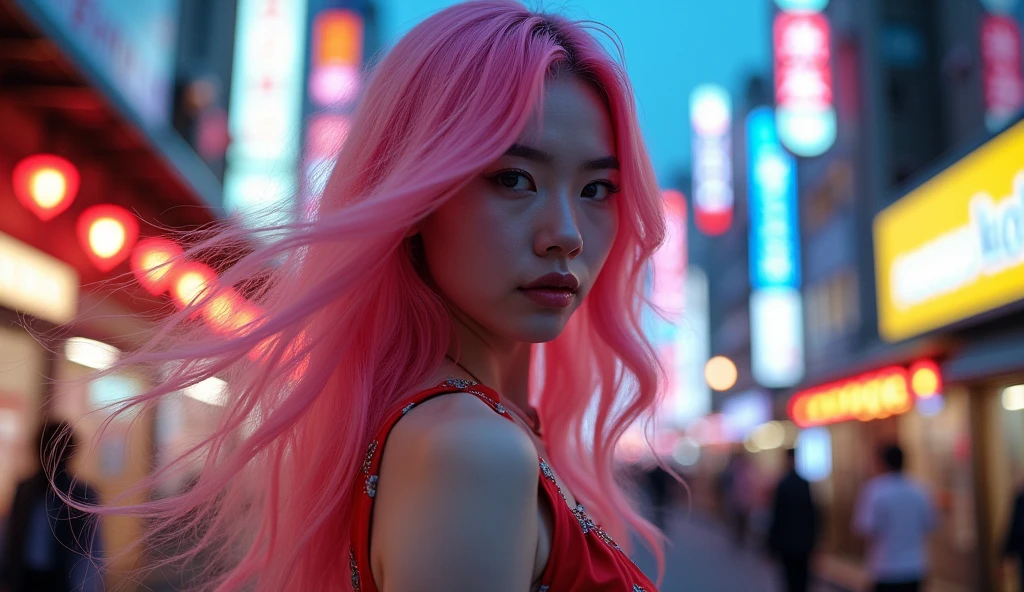 Tokyo, Kabukicho, long hair fluttering in the wind, pink hair, high definition, dress