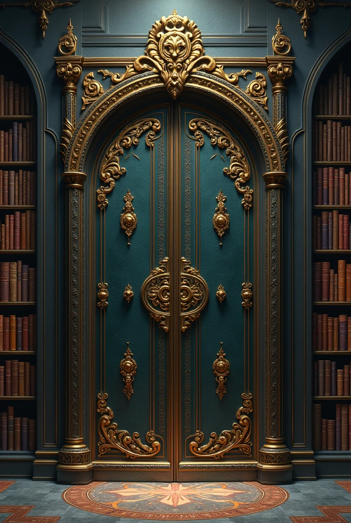 a close-up of a metal door with a gold decoration, ornate borders + conceptual artwork, symmetrical epic fantasy art, Grimoire, Grimoire page, gothic epic library concept, complete art, art book art, symmetric conceptual artwork, Symmetrical fantasy RPG portrait, detailed game art, majestic hidden gates, high detailed official artwork, symetry!! conceptual artwork