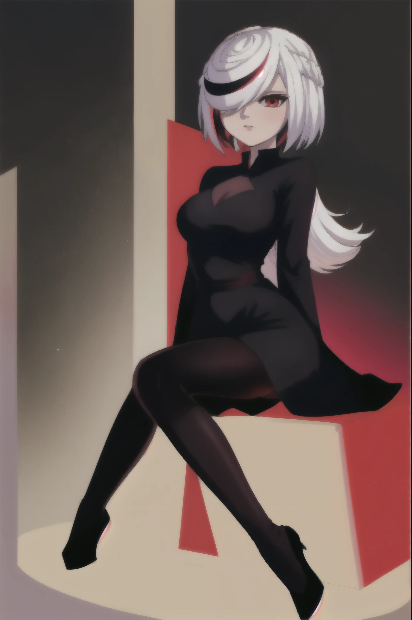 sthsage, Sage as an Adult, lower back length hair, white hair, multicolored hair, hair over one eye, red eyes, black dress, black pantyhose, sitting, blank expression, ((lab background)), medium breasts
