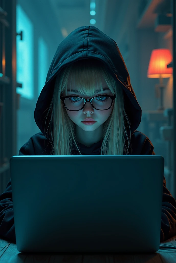 A hacker or programmer girl. Has dark blonde hair, pale skin, doesn't wear glasses. Sits in front of opened laptop. Cyberpunk style. The laptop should be visible. The girl should be introverted and wearing hood on head. The face shouldn't be so visible