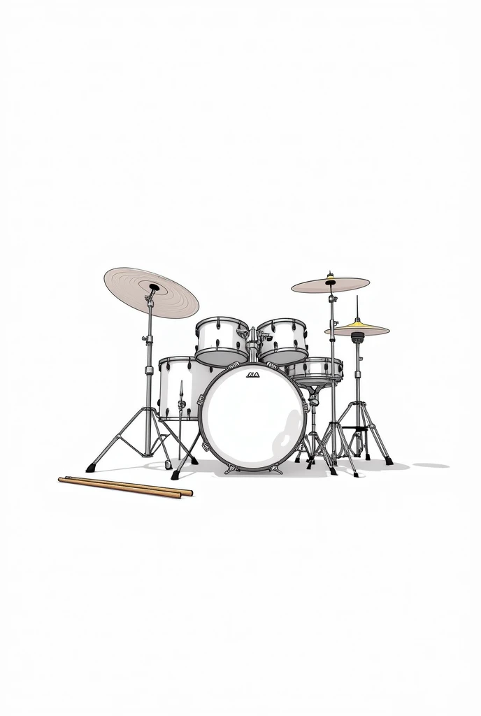 A minimalist drawing on a white background of a large musical instrument drum set with the drumsticks lying on the floor