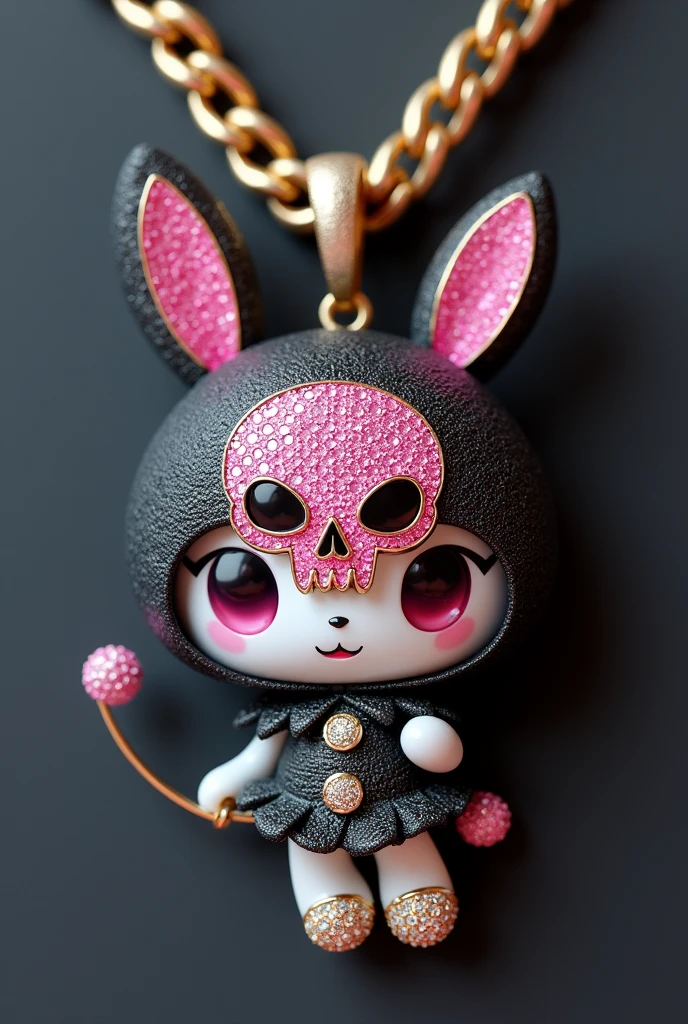 A Cuban-style chain necklace with a pendant featuring Kuromi is a fictional character. She is a naughty and somewhat rebellious bunny from the world of My Melody. Kuromi has a black hood that has a pink skull in the center and a clown collar and a black demon tail, three-pointed triangular ears with a ball on each tip of the female ear, and a white body. . Made of diamonds, diamond scraps facing forward.