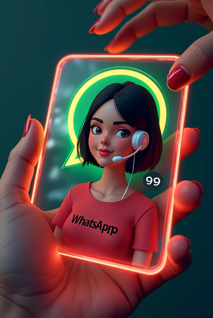 Create a glass id card of a WhatsApp profile placed on a black desk, that shows the large WhatsApp logo, create a 3D illustration of a latina woman with short hair, You must wear a red blouse with a phrase printed on it "CREDIT" in black and a white headset. The girl's photo in a circle icon with the name of the social network user WhatsApp Secretaría Johana in black below the profile photo and 99 written messages, WhatsApp card glows red and yellow on the edge. In one corner is the one held with two fingers.