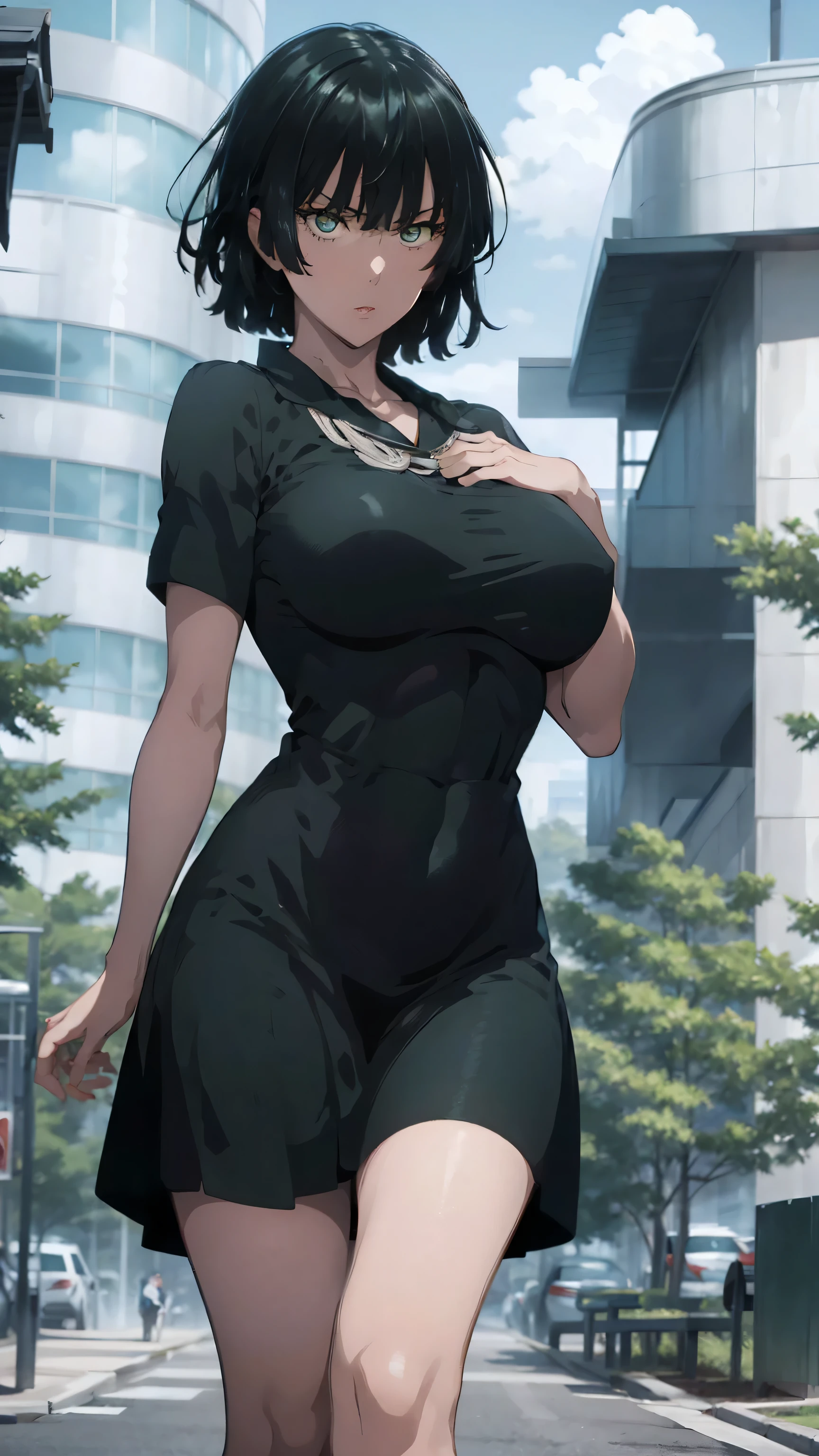 Fubuki from anime one punch man, fubuki, Best quality, Masterpiece, Ultra-detailed, Detailed light, (RAW photo:1.2), (Photorealistic:1.4),(Masterpiece:1.3),(Best quality:1.4), 1girll, Solo, Waist up, short hair , don't have clothes,Naked of breast,huge tit,nacked hip,Giant buttocks,Golden breasts,Intimidation eyes, Tight dark green dress, stocking