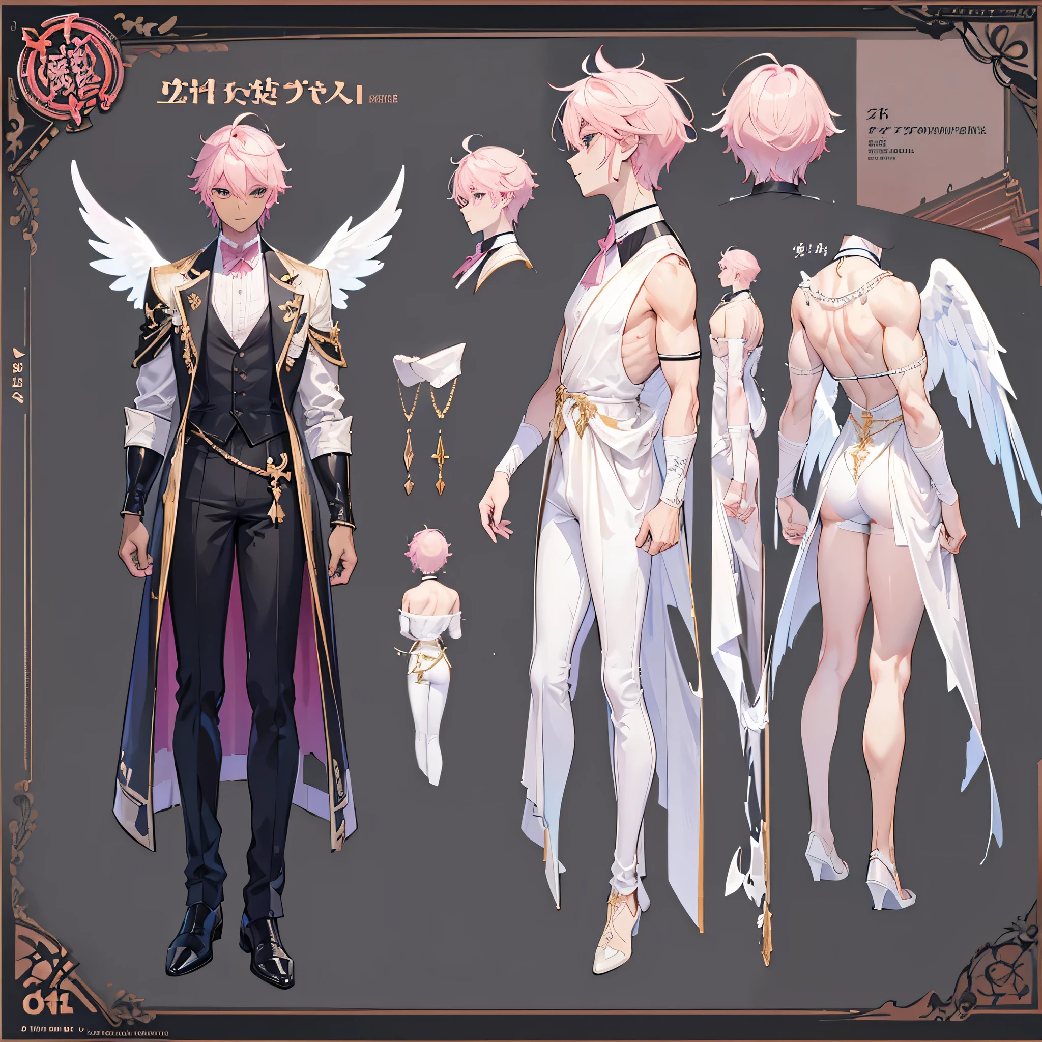 (Masterpiece, best quality), detailed, 1 man, ((character concept art)), ((character design sheet, same character, front, side, back)), full body, body complete, 1 Male angel, 1 Man angel, Detailed face, character design sheet,full bodyesbian, Highly detailed, character sheet, character design, Many parts, dark skin, angel wings, short pink hair, angel outfit, muscle male god, male clothes, masculine, muscle man, male muscle, manly, male angel, Muscle male with short pink hair,beautiful man, beautiful muscle man