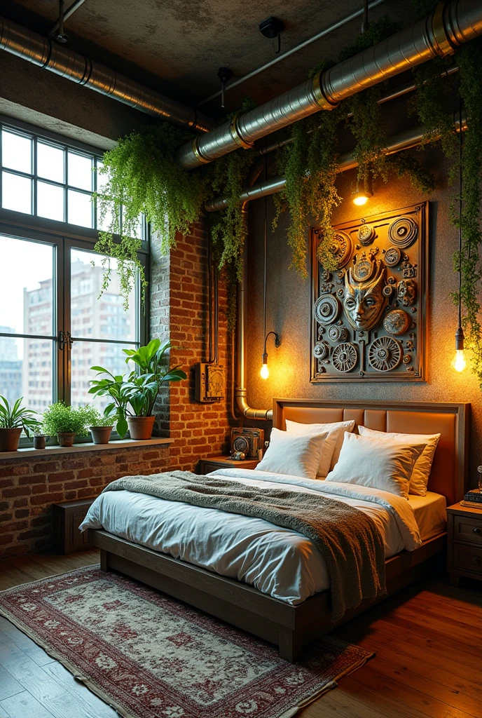 a cozy and aesthetic loft bedroom but the interior is biopunk with lots of vines and lush


the theme are combination of biopunk, cyberpunk, industrial, and steampunk 

make it more inclined to retro future