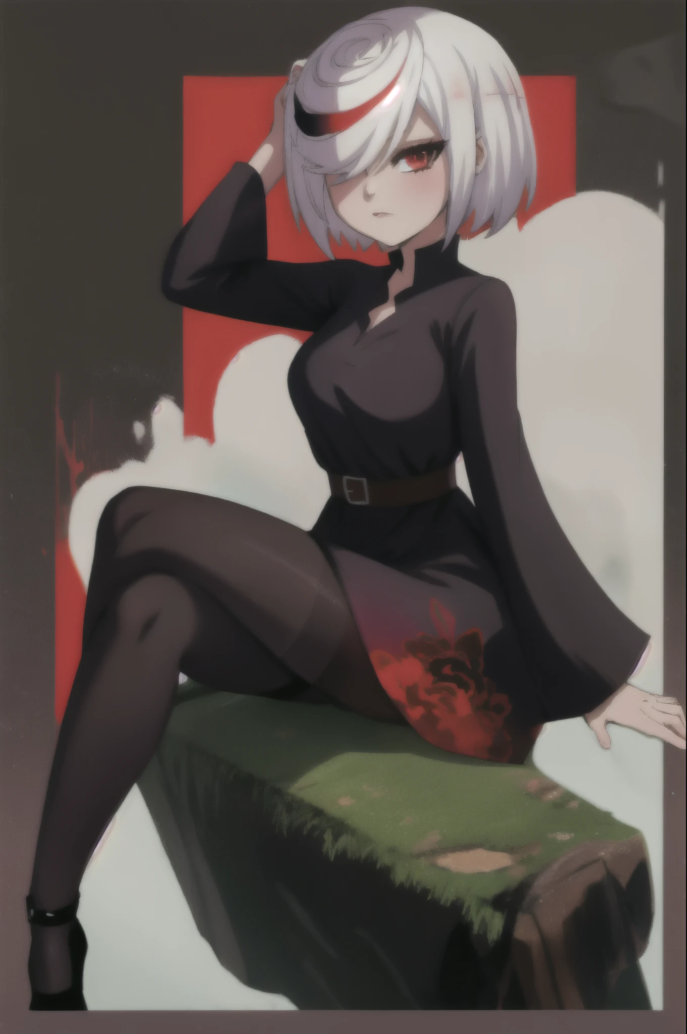 sthsage, Sage as an Adult, lower back length hair, white hair, multicolored hair, hair over one eye, red eyes, black dress, black pantyhose, sitting, blank expression, ((lab background)), medium breasts
