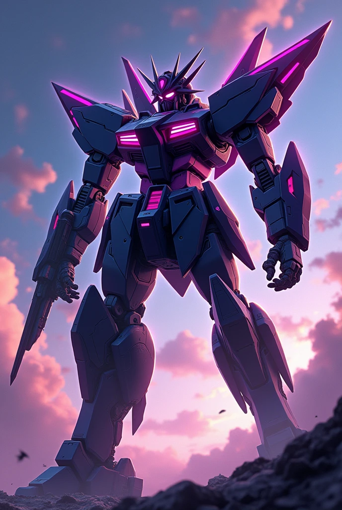 black, Gunmetal color, Fluorescent purple, anime, Giant Robot, fluid, Junmin, heroic, Super robot full body image, Fighting with the enemy, Simple Background,universe,