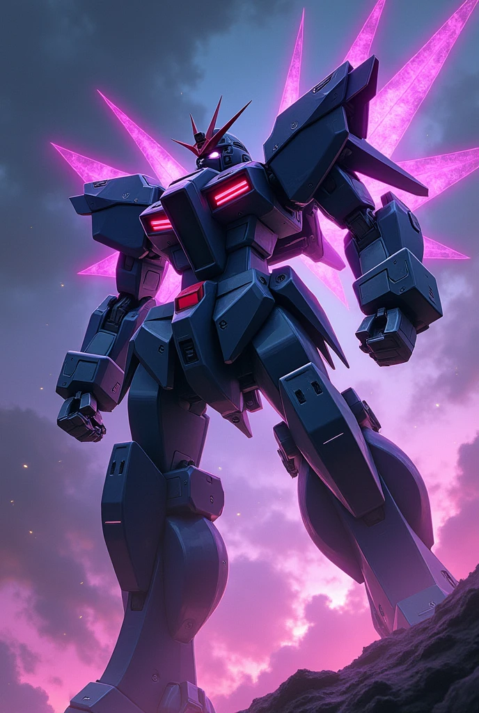 black, Gunmetal color, Fluorescent purple, anime, Giant Robot, fluid, Junmin, heroic, Super robot full body image, Fighting with the enemy, Simple Background,universe, 