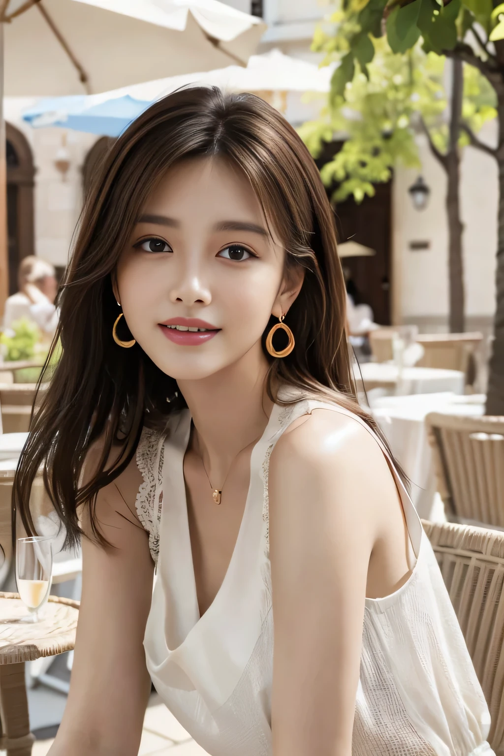 masterpiece, Highest quality, Realistic, Very detailed, Finer details, High resolution, 8k wallpaper, One beautiful woman,Wear a nice blouse, On the terrace of a lovely cafe, at noon, Light brown messy hair, Perfect dynamic composition, Beautiful and beautiful eyes、Big earrings、Sleeveless shirt、Laughter、