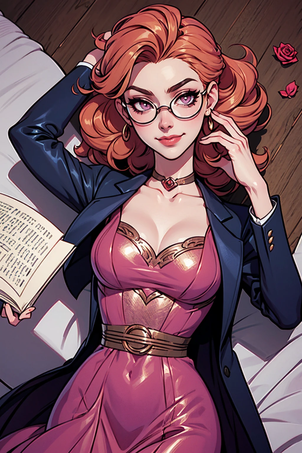 {-erro_de_anatomia:1.0}(best quality,4k,8k,highres,masterpiece:1.2) Anime girl tuxedo with curly rose gold hair and round gold glasses, rose gold eyes. Guviz style art, attractive detailed art style, Charlie Bowater Style, 1 7 - year - old cute anime girl, detailed manga style, detailed anime character art, germ of art. High detail, stunning manga art style. Rose dress. (pink dress) . Wearing rose gold Victorian clothing. Dancing, walking, drinking, reading, writing, lying, standing, on your back, dynamic poses, smile, closed mouth. Different Pose, upper body