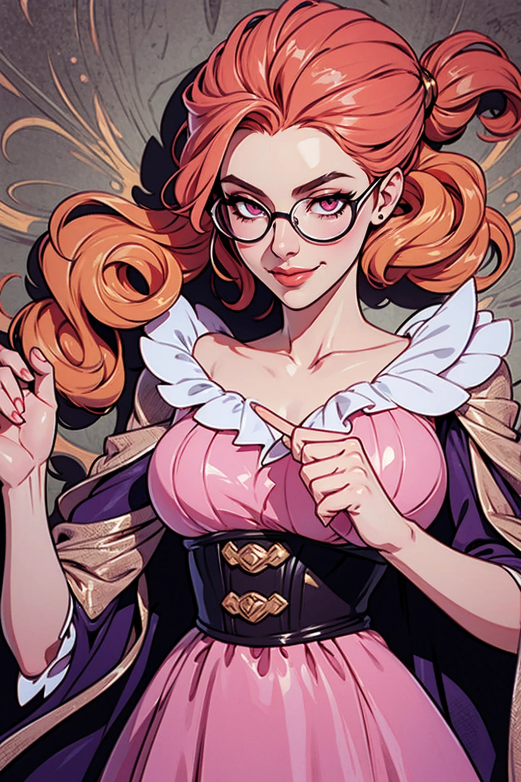 Anime girl tuxedo with curly rose gold hair and round gold glasses, rose gold eyes. Guviz style art, attractive detailed art style, Charlie Bowater Style, 1  cute anime girl, detailed manga style, detailed anime character art, germ of art. High detail, stunning manga art style. Rose dress. (pink dress) . Wearing rose gold Victorian clothing. Dancing, walking, drinking, reading, writing, lying, standing, on your back, dynamic poses, smile, closed mouth. Different Pose.