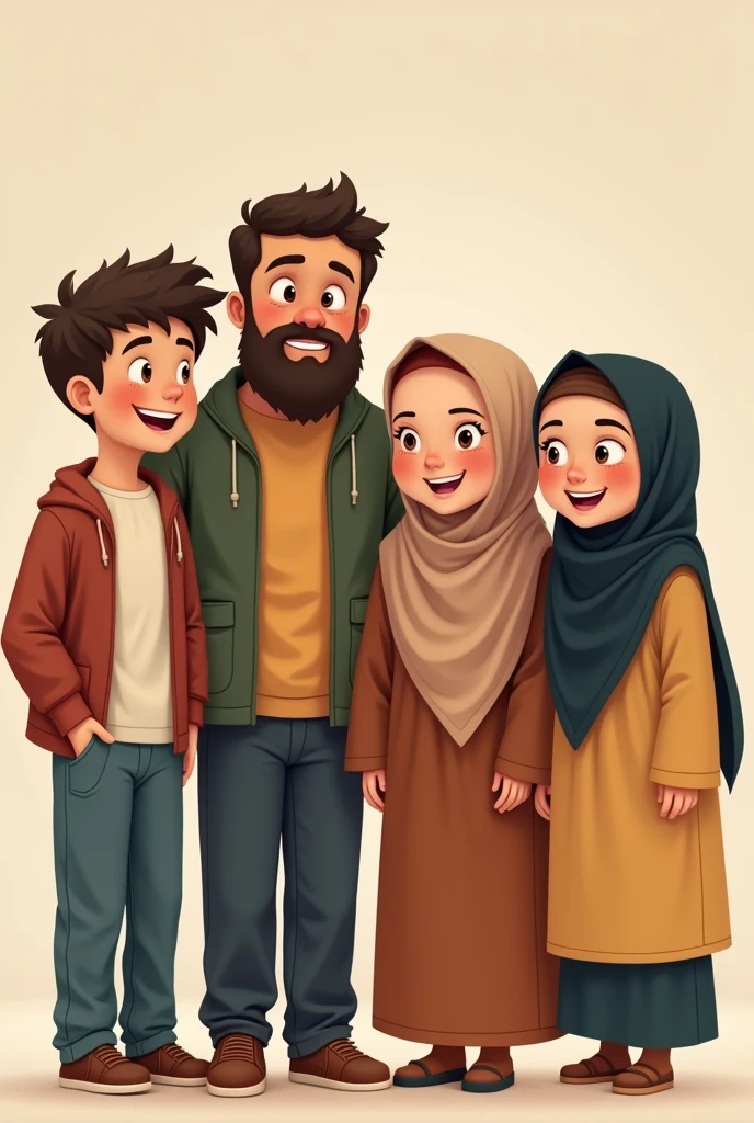 2 Boys and 2 girls are taking by standing like they are best friends and girls in hizab and boys has beard 
