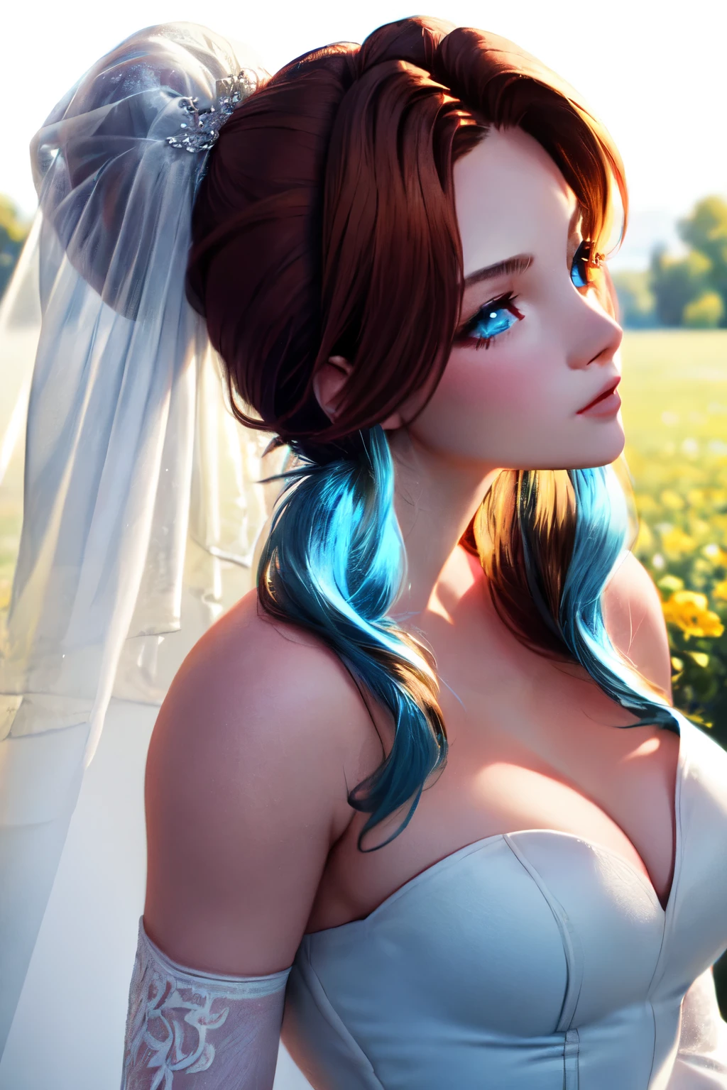 Claire Redfield, perfectbody, blue colored eyes, long hair ponytail two tone white and red, Wedding Dress Extension, in an open field, high resolution, super detaill, super detailed face, 8k, Overview