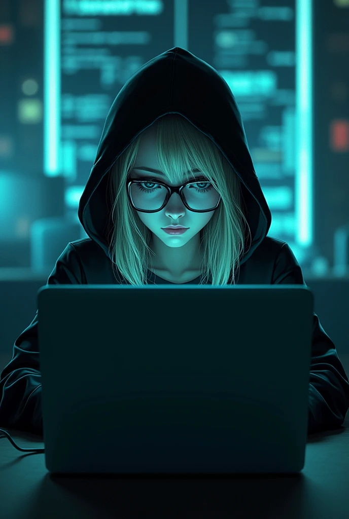 A hacker or programmer girl. Has dark blonde hair, pale skin, doesn't wear glasses. Sits in front of opened laptop. Cyberpunk style. The laptop should be visible. The girl should be introverted and wearing hood on head. The face shouldn't be so visible