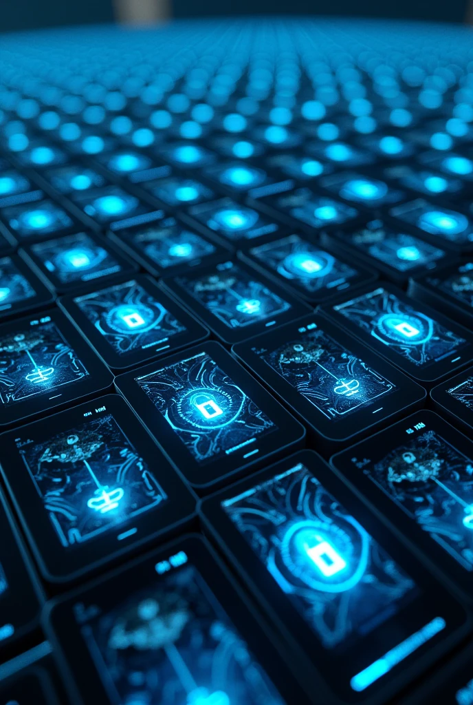 Hundreds of cell phones with glass locks with futuristic blue lines