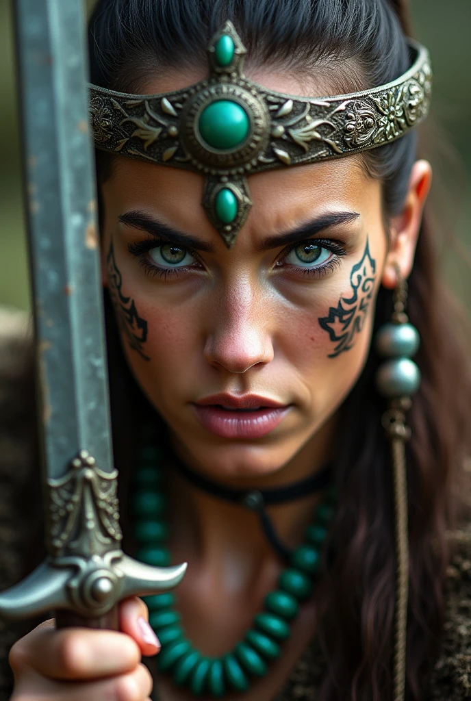 Close up viking warrior with small sword in hand, Woman, sword next to the face, large head ornament , green neck necklace, tattoo in face