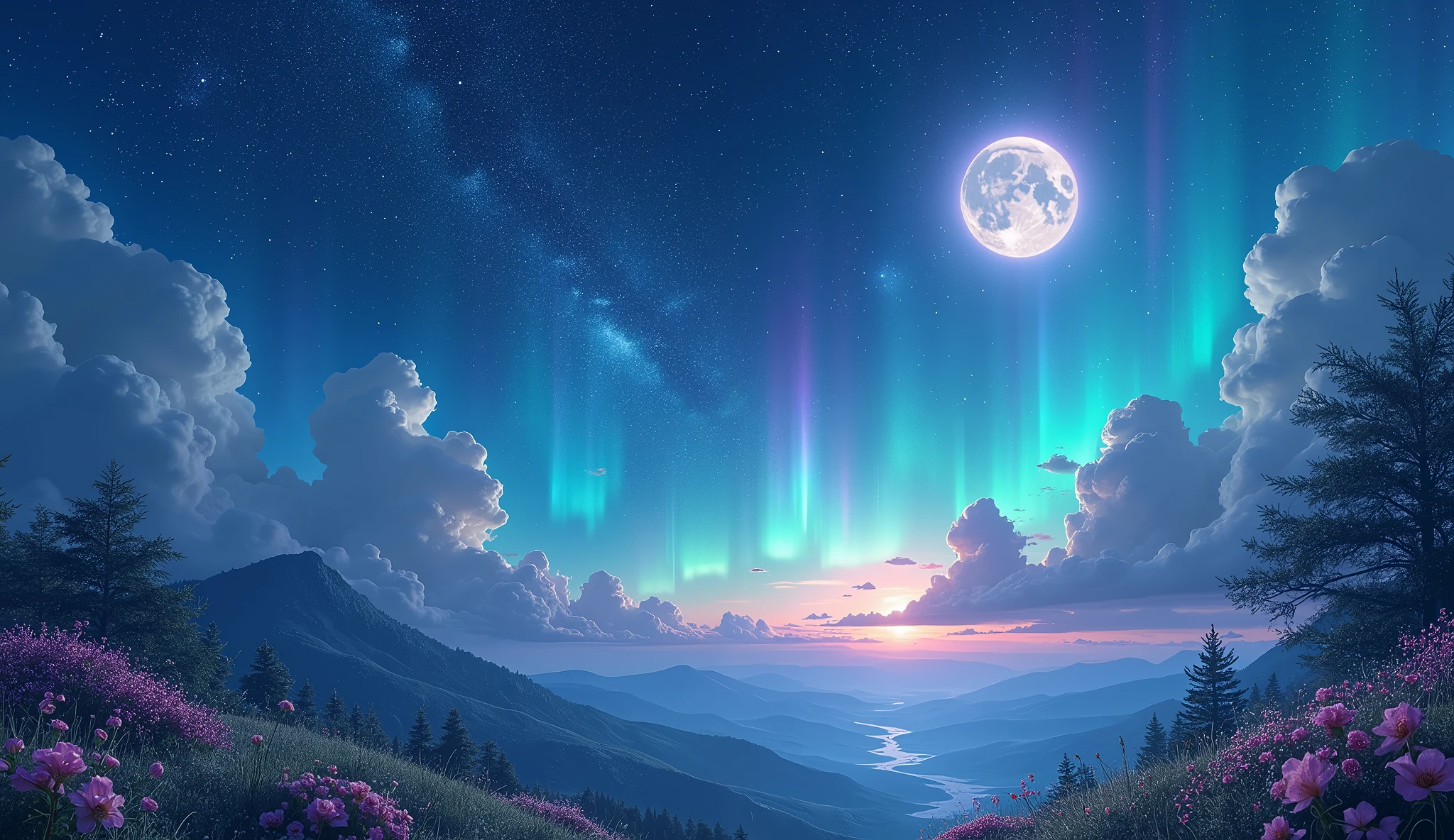 Fantastic night scenery、Gorgeous、Live-action-like images、Fantasy elements、Cute atmosphere、Star-studded night sky、High quality、Super Real、Night image、beautiful、Highest quality、