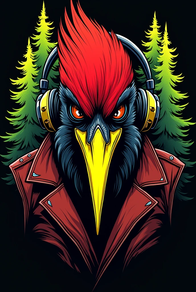 A vest with a cartoon illustration of a woodpecker's face, with an aggressive visual, using headphones. The feathers on the woodpecker's head should be red and black., and the long yellow beak. Place trees in the background and create a color balance of neon green and red