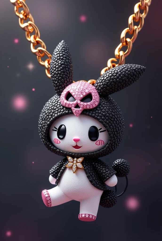 A Cuban-style chain necklace with a pendant featuring Kuromi is a fictional character. She is a naughty and somewhat rebellious bunny from the world of My Melody. Kuromi has a black hood with a pink skull in the center and a clown collar and a black demon tail, three-pointed triangular ears with two little balls on the tip of the female ear, and a white body. . Made of diamonds, diamond scraps facing forward.